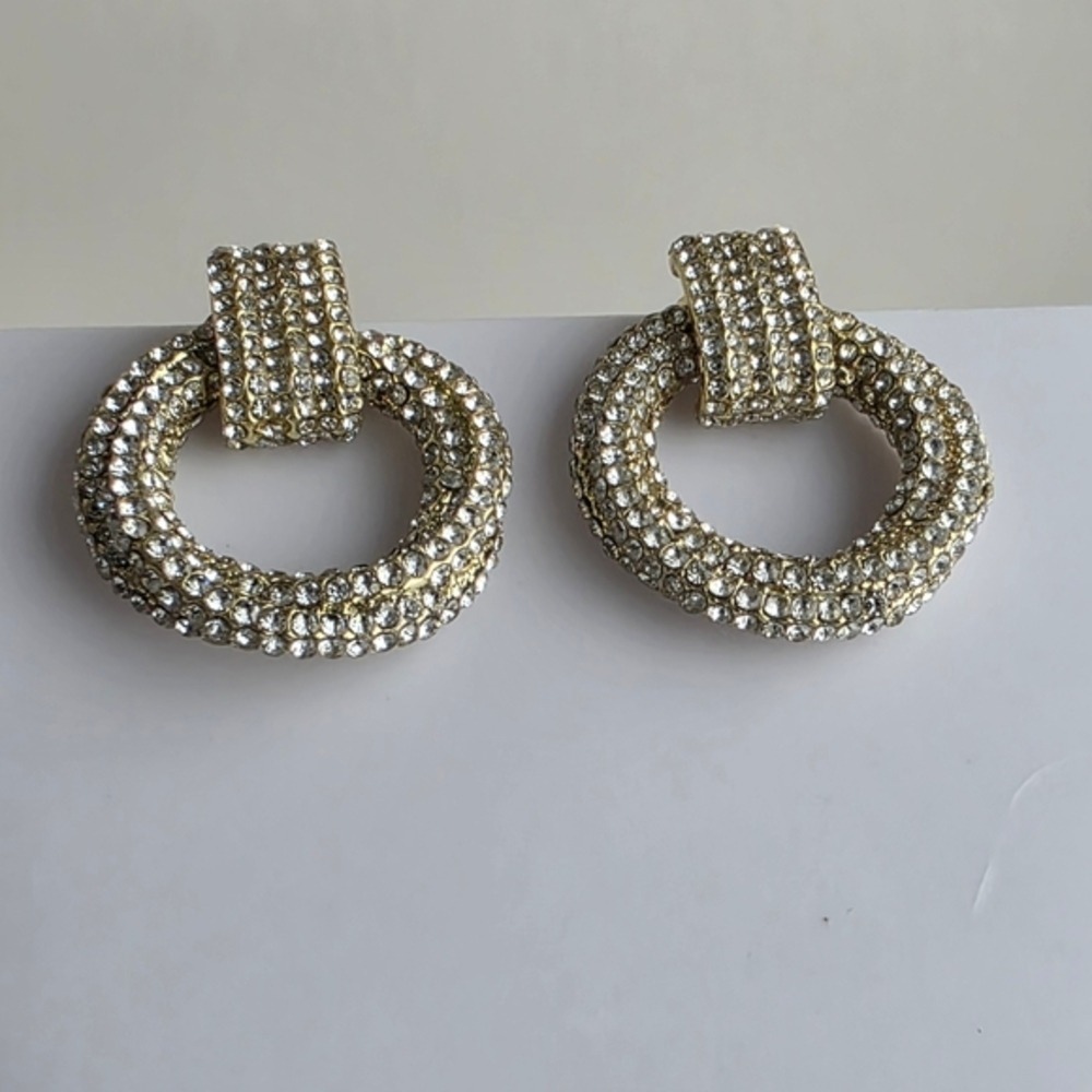 Gold Crystal Door Knob Hoop Earrings Pierced - Picture 2 of 11